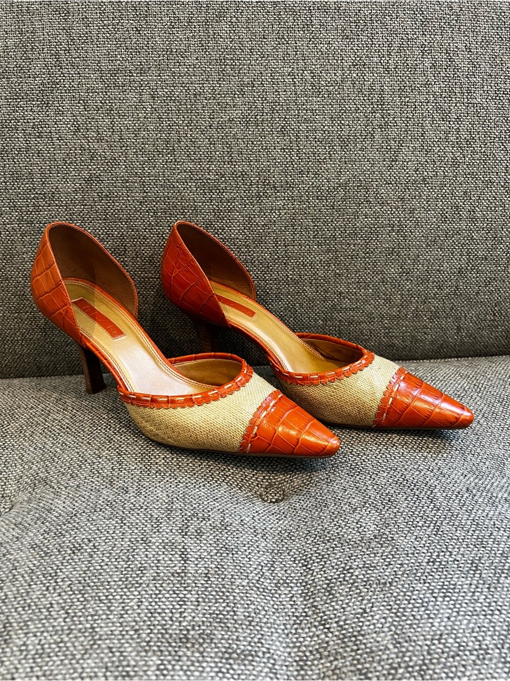 Vintage Unisa Orange Croc-Trim D'Orsay Pointed-Toe Pumps